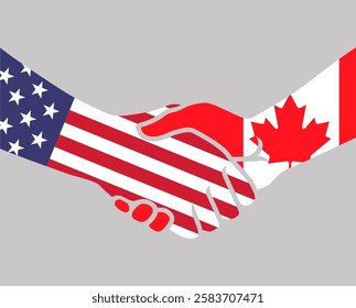 Canada and USA relations, cooperation vector concept. relationships, support, states military and political union. Handshaking two hands with US and Canadian flags. Vector iocon illustration