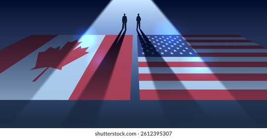 Canada USA trade war concept with two silhouetted figures standing on flags facing each other dramatic lighting contrasting shadows dark background