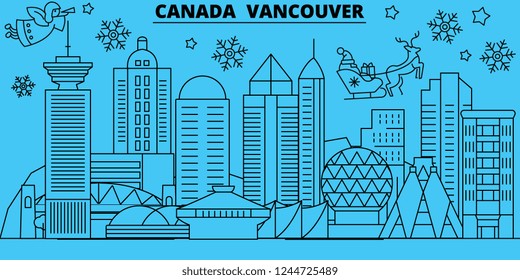 Canada, Vancouver city winter holidays skyline. Merry Christmas, Happy New Year decorated banner with Santa Claus.Canada, Vancouver city linear christmas city vector flat illustration