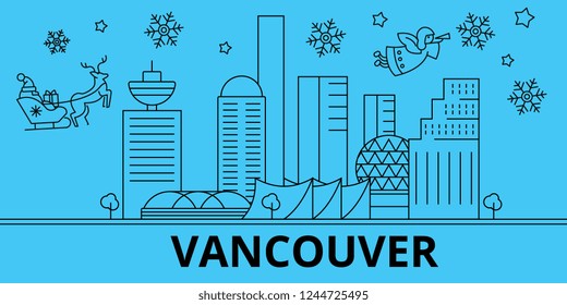 Canada, Vancouver winter holidays skyline. Merry Christmas, Happy New Year decorated banner with Santa Claus.Canada, Vancouver linear christmas city vector flat illustration