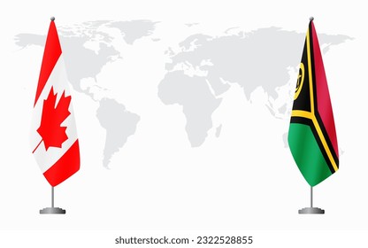 Canada and Vanuatu flags for official meeting against background of world map.