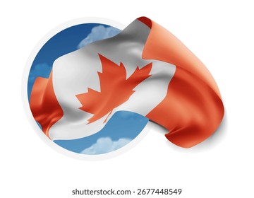 Canadá, bandera 3D del Vector contra un cielo azul, a través de un agujero redondo en un fondo blanco