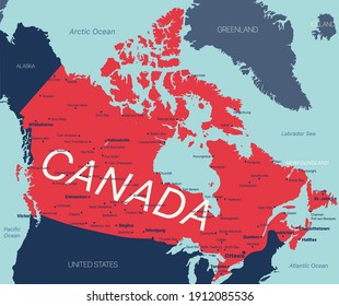 Canada vector editable map with capital, national borders, cities and towns. Vector EPS-10 file