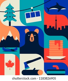 Canada, vector flat illustration, icon set, colorful pattern. Tree, lift, whale, bear, boat, bear, food, canadian flag, wood, curling