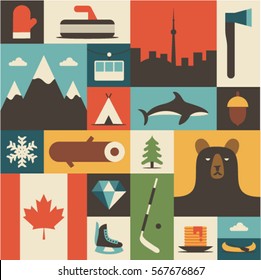 Canada, vector flat illustration, icon set, background. Mittens, landscape, ax, mountain, camping, fish, winter, wood, forest, bear, tree, hockey, diamond, flag, skates, food, boat