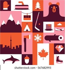 Canada, vector flat illustration, icon set, background. Mittens, landscape, ax, mountain, camping, fish, winter, wood, forest, bear, tree, hockey, diamond, flag, skates, food, boat