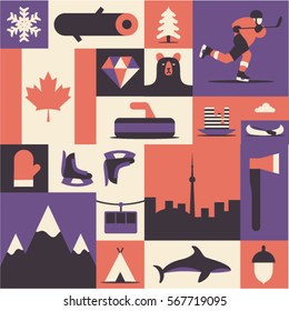 Canadá, ilustración plana vectorial, conjunto de iconos, fondo. Mitones, paisaje, hacha, montaña, camping, pescado, invierno, madera, bosque, oso, árbol, hockey, diamante, bandera, patines, comida, barco