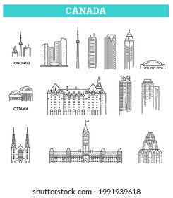 Canada. Vector icon set representing global tourist american landmarks and travel destinations for vacations