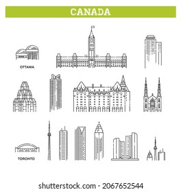 Canada. Vector icon set representing global tourist american landmarks and travel destinations for vacations