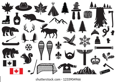 Canada vector icons set (maple leaf, hockey, mountain, tree, beaver, polar bear, grizzly, waterfall, hockey stick, puck, goal, moose, ranger or mountie hat, skates, snowflake, flag, snowshoe, scarf)