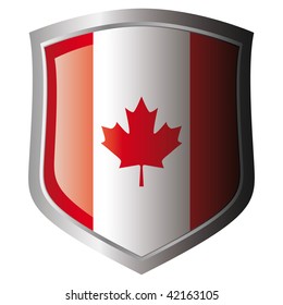 canada vector illustration flag on metal shiny shield. Collection of flags on shield against white background. Isolated object.