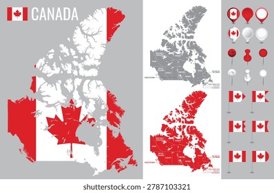 Canada vector map with flag, globe and icons on white background