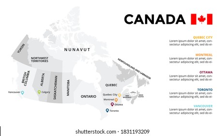 Canada vector map infographic template. Slide presentation. Quebec City, Montreal, Ottawa, Toronto, Vancouver. North America country. World transportation geography data. 