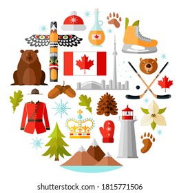 Canada vector travel symbols set. Collection of national canadian icons. Set of design elements in a flat style. Tourism.