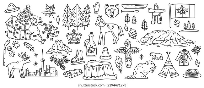 Símbolos de viaje vectorial de Canadá. Colección de íconos nacionales canadienses. Conjunto de elementos de diseño en un estilo plano. Turismo. Concepto vectorial para tarjetas de felicitación, carteles y afiches. Arte de línea