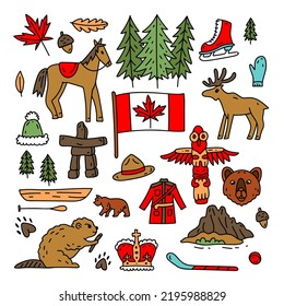 Canada vector travel symbols set. Collection of national canadian icons. Set of design elements in a flat style. Tourism. Vector concept for greeting cards, banners and posters.