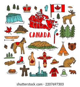 Canada vector travel symbols set. Collection of national canadian icons. Set of design elements in a flat style. Tourism. Vector concept for greeting cards, banners and posters.