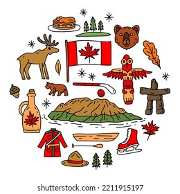 Canada vector travel symbols set. Collection of national canadian icons. Set of design elements in a flat style. Tourism. Circular vector concept for greeting cards, banners and posters