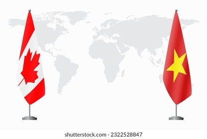 Canada and Vietnam flags for official meeting against background of world map.