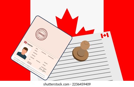 Visa canadiense, pasaporte estampado abierto con un documento de visado aprobado para el cruce fronterizo. Concepto de visa de inmigración. Antecedentes con bandera de Canadá. ilustración vectorial