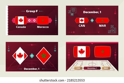 Canada vs Morocco, Football 2022, Group F. World Football Competition championship match versus teams intro sport background, championship competition final poster, vector illustration.