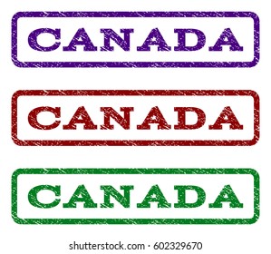 Canada watermark stamp. Text caption inside rounded rectangle frame with grunge design style. Vector variants are indigo blue, red, green ink colors. Rubber seal stamp with dirty texture.