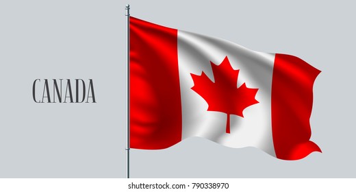 Canada waving flag on flagpole vector illustration. Red maple leaf element of Canadian wavy realistic flag as a symbol of country
