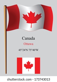 canada wavy flag and coordinates against gray background, vector art illustration, image contains transparency