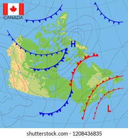 Canada. Weather Map Of The Country. Meteorological Forecast. Detailed Physical Map Of Canada Colored According To Elevation, With Rivers, Lakes, Mountains. Vector Map With National Flag. EPS 10.