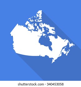 Canada White Map,border Flat Simple Style With Long Shadow On Blue Background