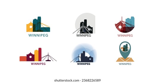 Canada Winnipeg city vector logo set. Manitoba province modern skyline icons collection with cityscape and landmarks silhouette, isolated graphic concept