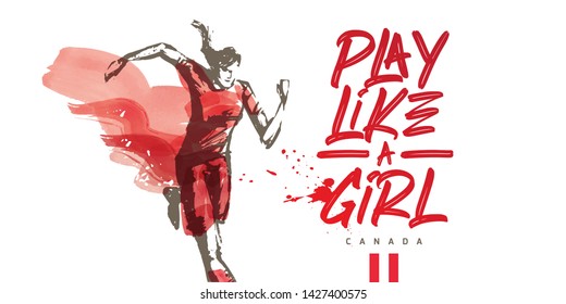 Canada Women's Soccer National Team Vector Design. Female Player Running. Typographic Layout. Lettering Sport Logo.