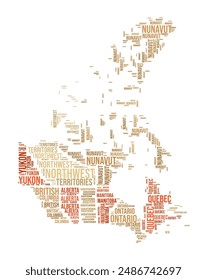 Canada Word Cloud. Country shape with province division. Canada typography style image. Province names tag clouds. Vector illustration.