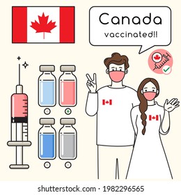 Canada : Young man and woman presenting vaccination for immunity health with national flag and vaccine choices : Vector Illustration