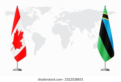 Canada and Zanzibar flags for official meeting against background of world map.