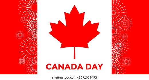 Canada's birthday. Canada Day vector template design banner. Flag of Canada with maple leaf and fireworks. 