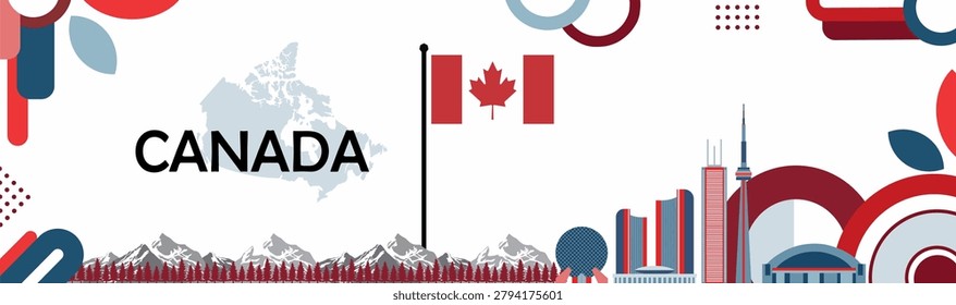 Canada-themed banner featuring the map of Canada, Canadian flag, mountain landscape, city skyline, forest elements, and decorative red and blue geometric shapes on a light background.
