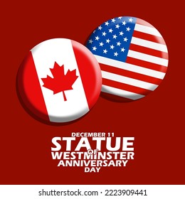 Bandera canadiense y estadounidense con texto en negrita sobre fondo rojo oscuro para conmemorar el Día del Aniversario de Westminster el 11 de diciembre en Canadá