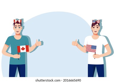 Canadian and American flags. Background for the inscription with flags. The concept of the competition between Canada and America. Feelings and emotions of male cheerleaders.