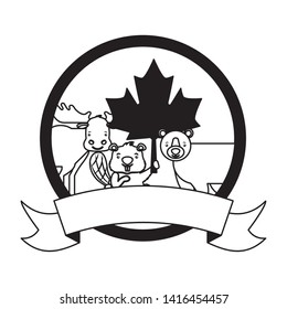 canadian animals and maple leaf happy canada day vector illustration  