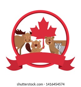 canadian animals and maple leaf happy canada day vector illustration  