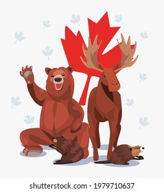 Canadian Animals With Red Maple Leaf