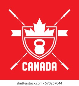 A Canadian athletic crest in vector format that features a maple leaf, text that says Canada, and weight lifting icons.