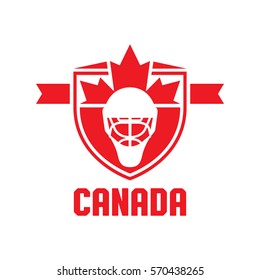 A Canadian athletic crest in vector format that features a maple leaf, text that says Canada, and a hockey goalie helmet icon.