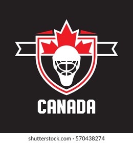 A Canadian athletic crest in vector format that features a maple leaf, text that says Canada, and a hockey goalie helmet icon.