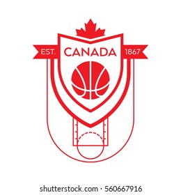 A Canadian basketball crest in vector format. This simple linework shield features a court, a ball, a maple leaf and text that says Canada.