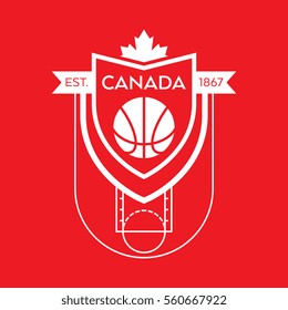 A Canadian basketball crest in vector format. This simple linework shield features a court, a ball, a maple leaf and text that says Canada.
