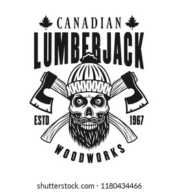 Canadian bearded lumberman skull in knitted hat vector emblem in vintage monochrome style isolated on white background