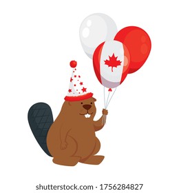 Canadian beaver with hat and balloons design, Happy canada day holiday and national theme Vector illustration