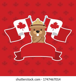 Canadian beaver with hat and flags design, Happy canada day holiday and national theme Vector illustration